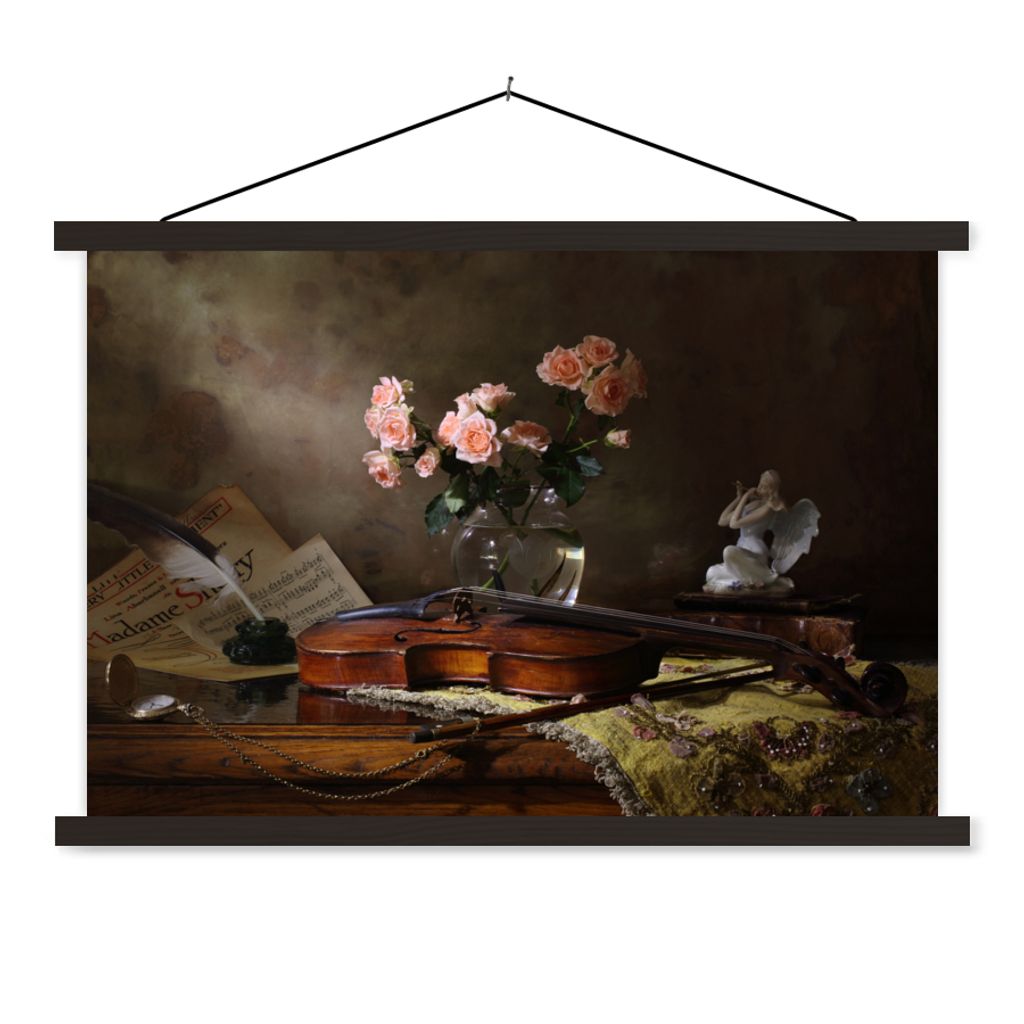 MuchoWow Textilposter Violine - Rosen - Rosa - Blumen - Stilleben 150x100 cm mit schwarzem Rahmen - Schlafzimmer