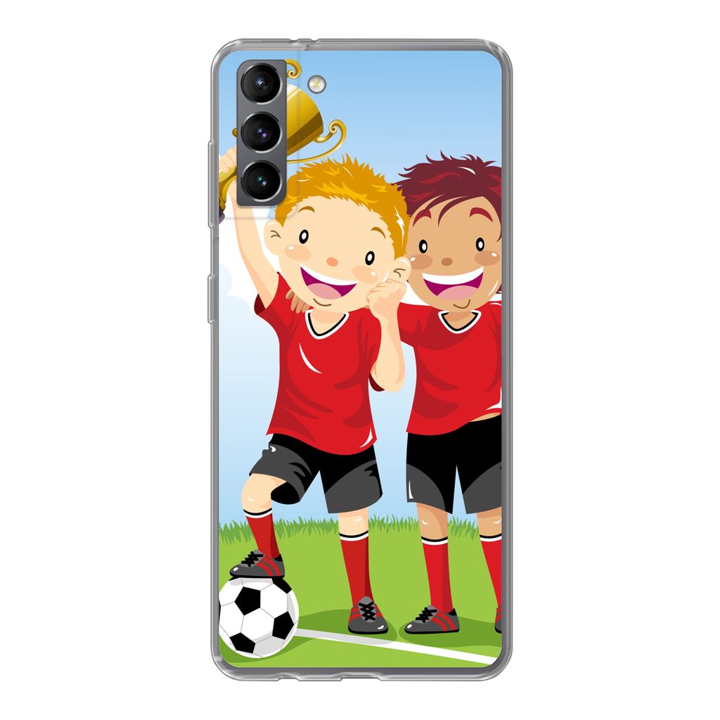 MuchoWow Handyhülle Schutzhülle Hülle für Samsung Galaxy S21 Plus Eine Illustration von zwei Fußballspielern, die einen Preis gewonnen haben...