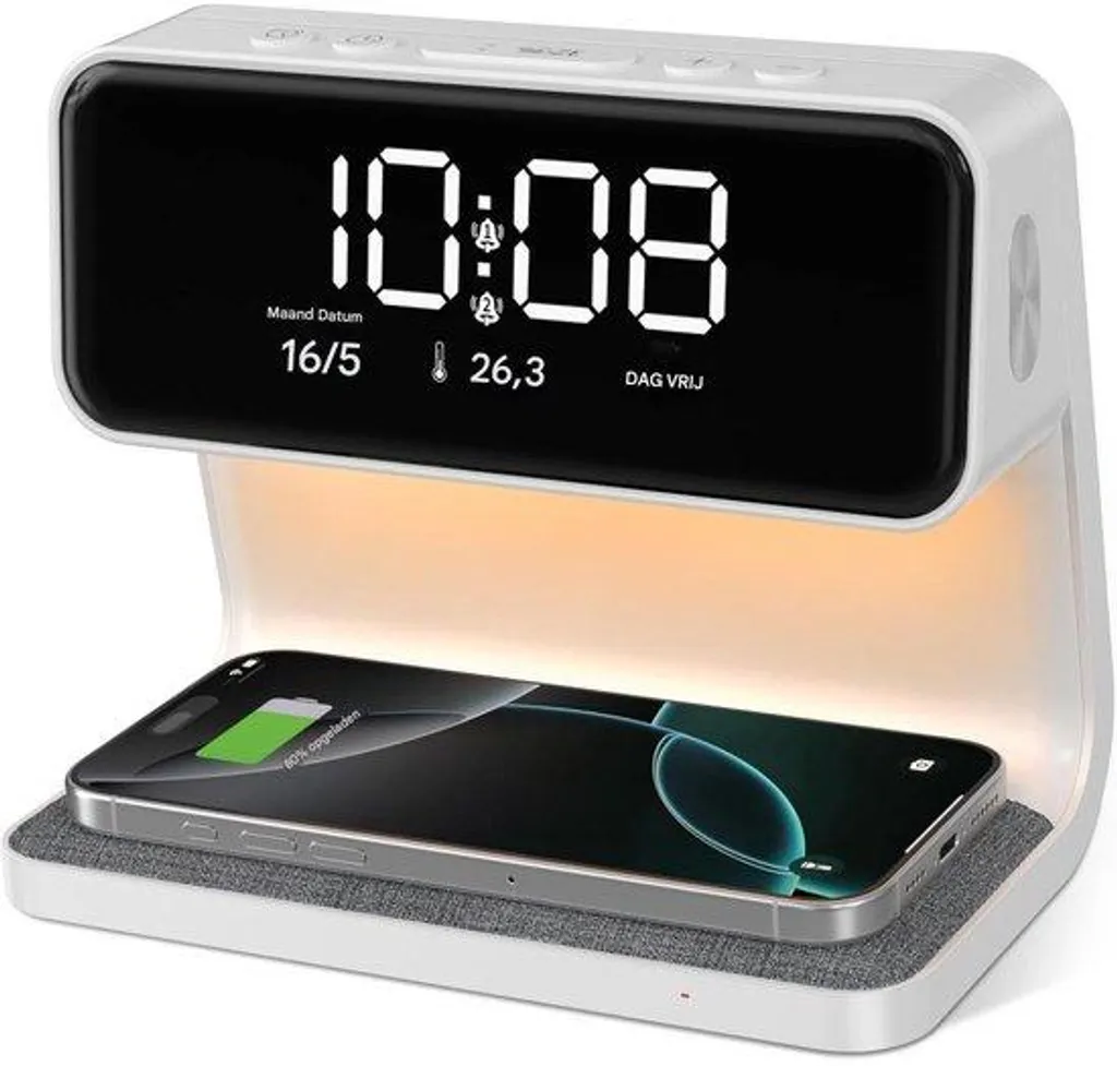 Réveil de table LED blanc idéal pour charger son smartphone sans fil
