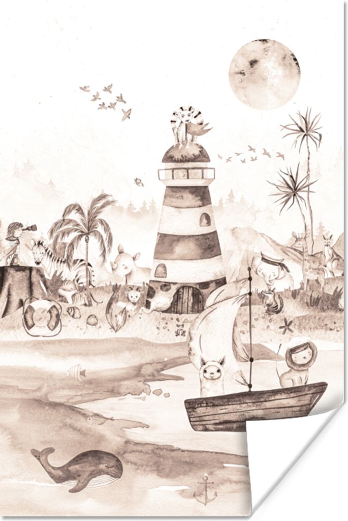 MuchoWow Poster Strand - Kinder - Leuchtturm - Alpaka - Meer - Tiere 40x60 cm - Plakate für die Wand - Poster Babyzimmer