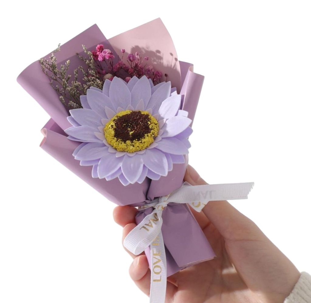 Mini-Strauß aus künstlichen Seifenblumen, künstliche Nelken/Sonnenblumen, Schleierkraut-Blumenarrangement, Valentinstagsgeschenk für Frauen, be...