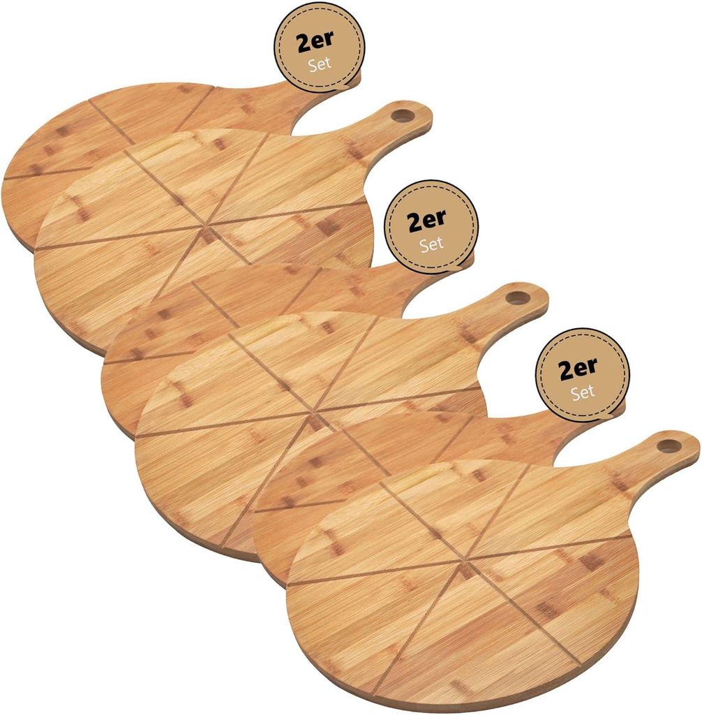 Hausleben 6er Set Pizzabretter rund mit Griff aus Bambus, 45x33x1,2 cm – Perfekt für Pizzaabende, Gastronomie & stilvolles Servieren