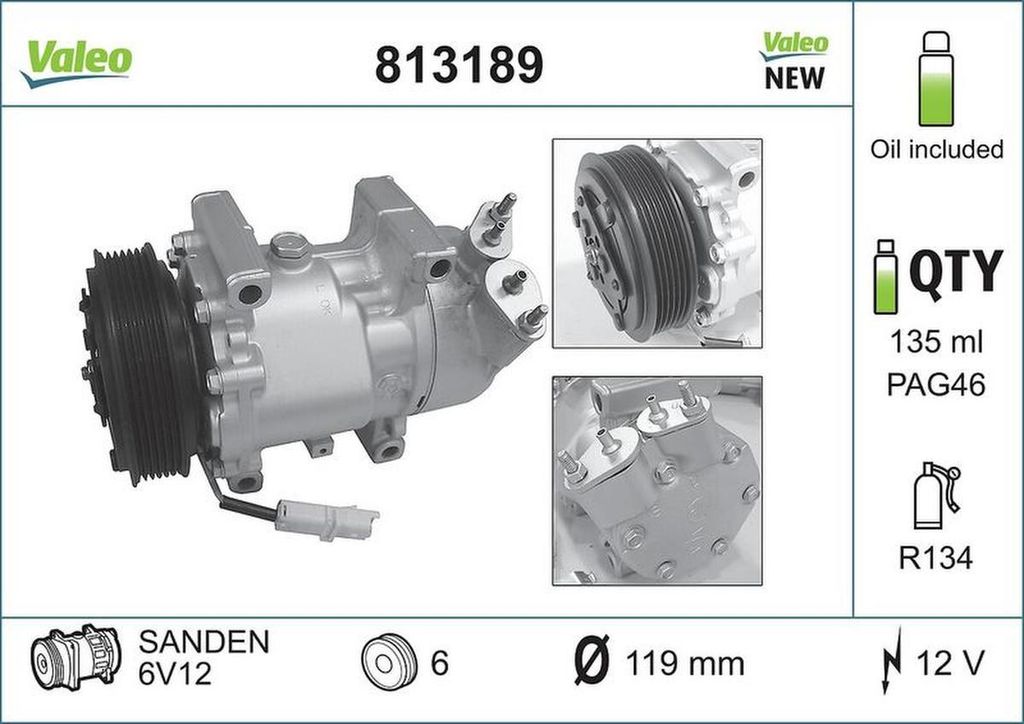 VALEO 813189 SD6V12 Klimaanlage Klimakompressor PAG 46 R134a passend für PEUGEOT 207 (WA, WC) 206 Schrägheck (2A/C) 206 CC (2D) 307 CC (3B) 307