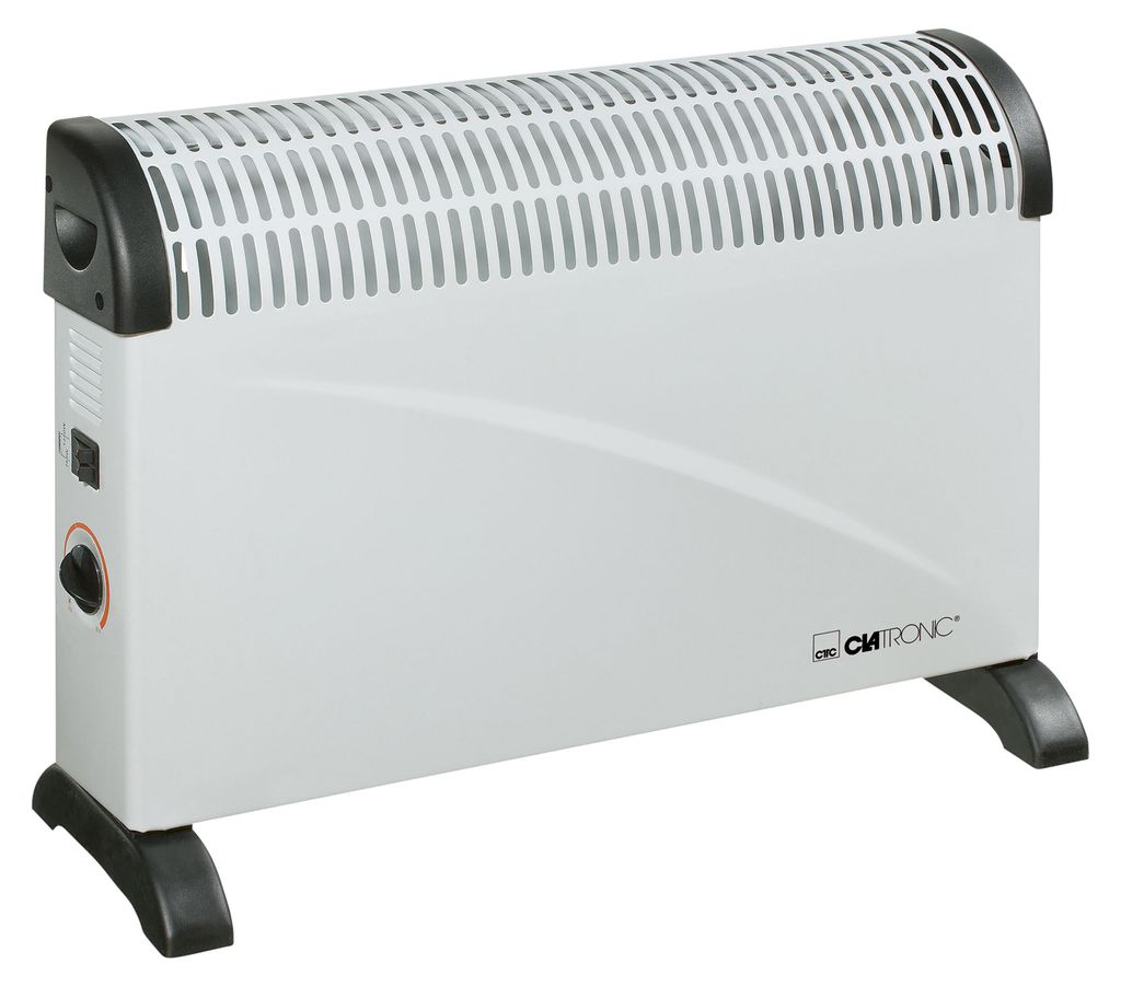 A white Clatronic electric heater with black accents and feet, shown on a white background.