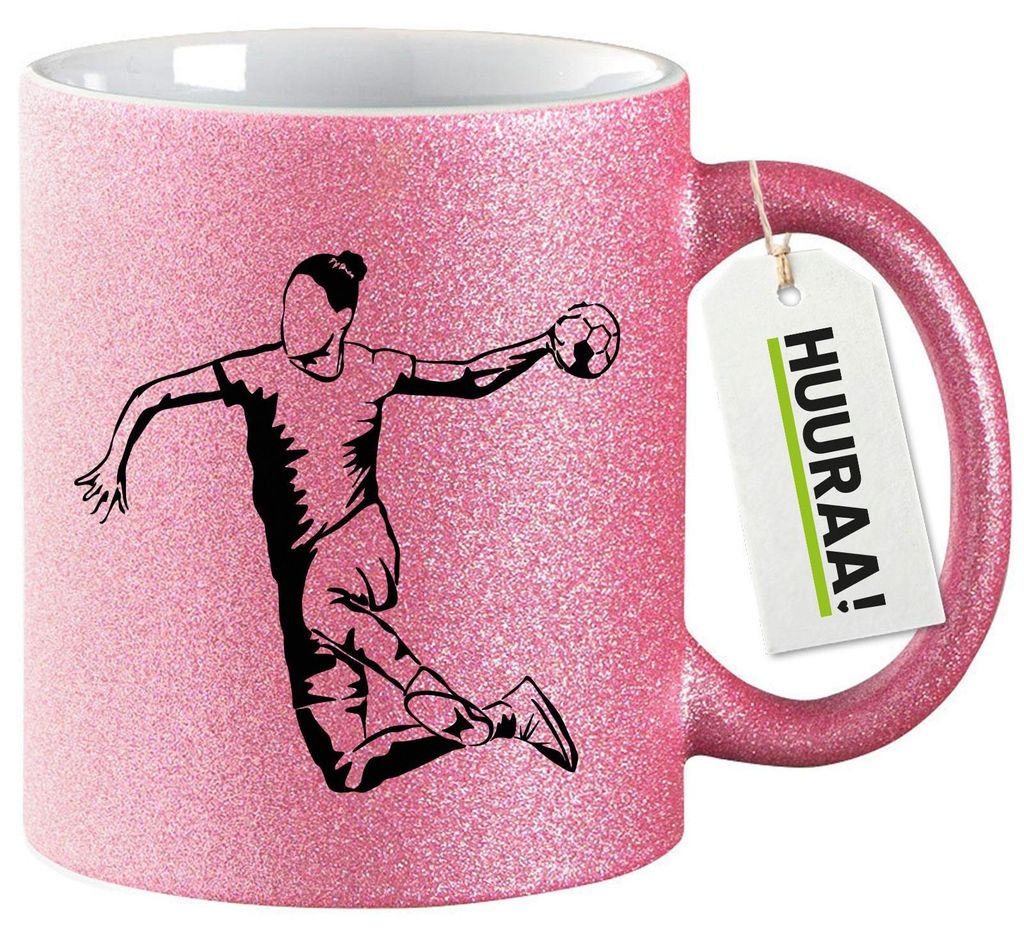Huuraa Glitzertasse Handball Silhouette 330ml Pink Keramik Kaffeebecher Geschenkidee