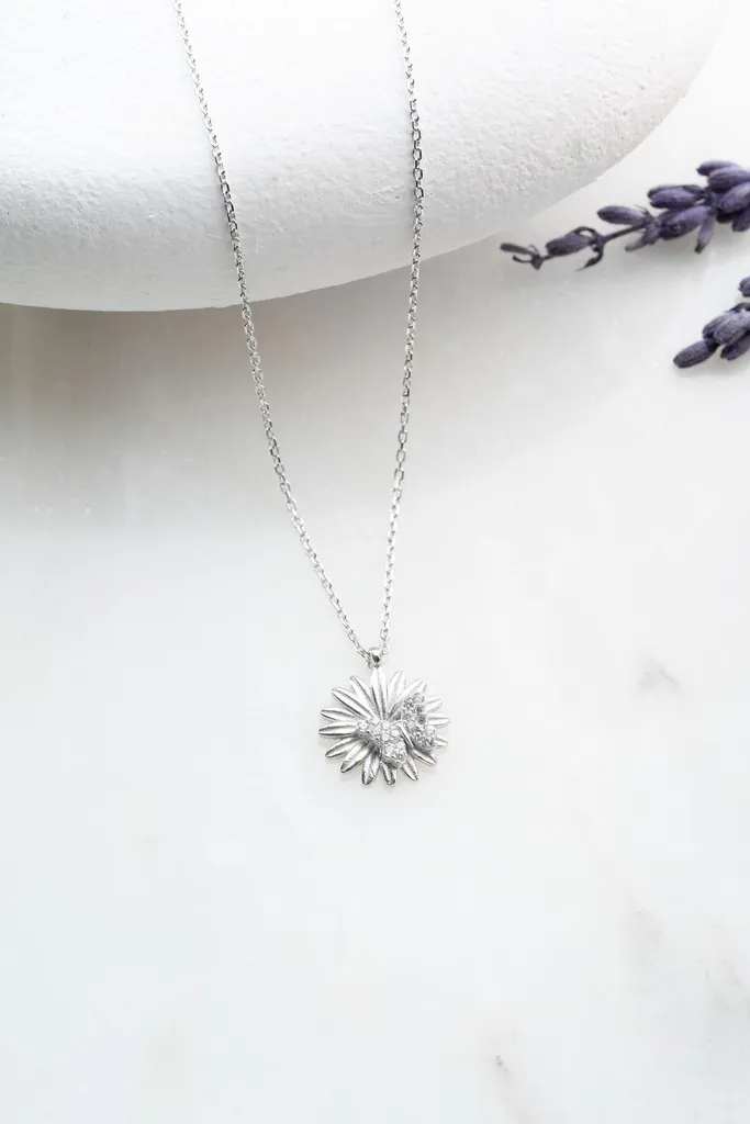 Collier argent 925 fleur ciselée et papillon - Bijou haute finition - 3
