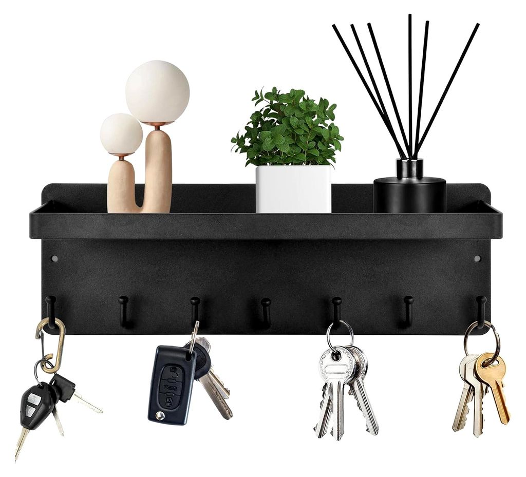 Metall Schlüsselbrett mit Ablage und 7 Haken, Wandmontage für Eingangsbereich, Flur, Küche