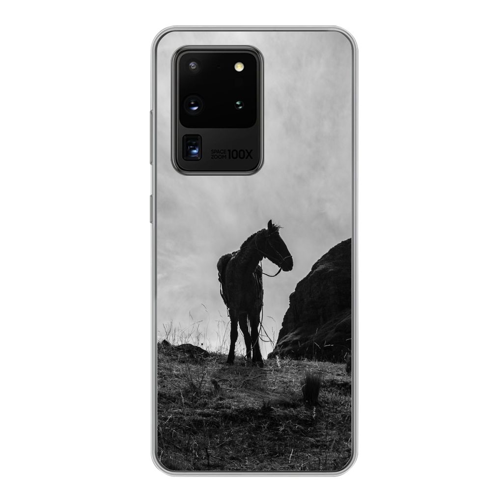 MuchoWow Handyhülle Schutzhülle Hülle für Samsung Galaxy S20 Ultra Pferd - Wolken - Wiese Silikon Softcase Handy Hülle - Karteninhaber