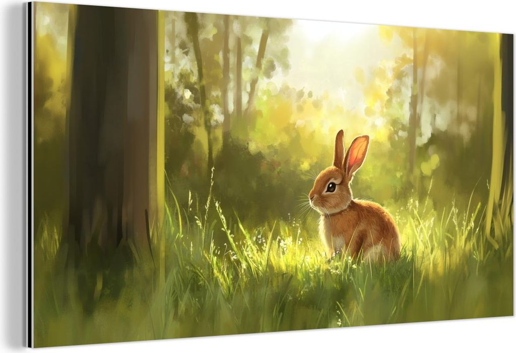 MuchoWow Wanddekoration Metall Metallbild Wandkunst 40x20 cm Kaninchen - Sonnenlicht - Wald MuchoWow Aluminium Gemälde - Bild - Aluminium