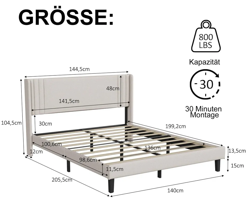 Lit adulte 140x200 cm beige confortable en lin chanvre sommier inclus