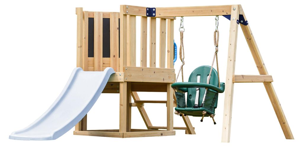AXI Timo Klettergerüst aus Holz in Braun mit Rutsche in Pastellblau | Spielturm / Spielplatz für Kinder mit Babyschaukel, Kletterwand und Tafel |...