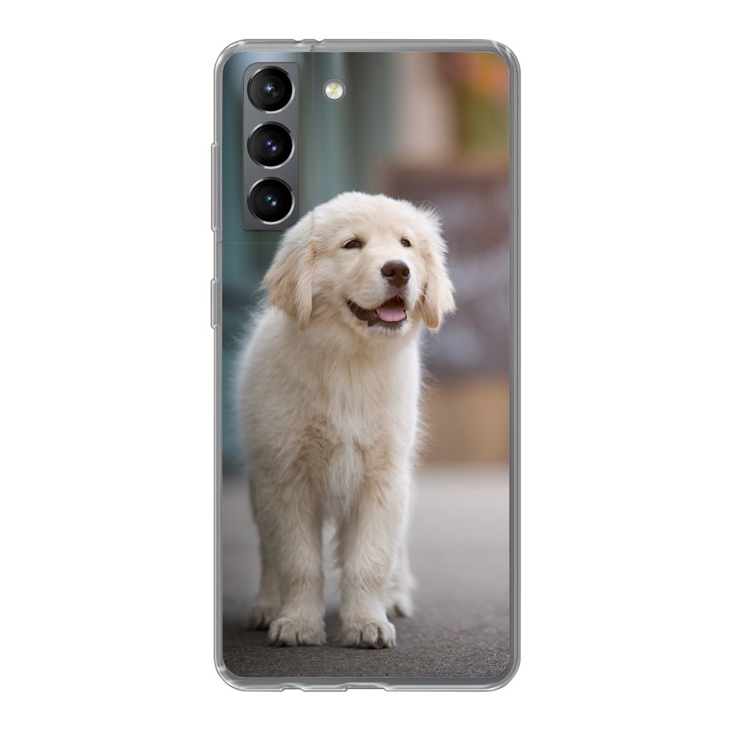 MuchoWow Handyhülle Schutzhülle Hülle für Samsung Galaxy S21 Ein Golden Retriever Welpe läuft auf dem Bürgersteig Silikon Softcase Handy H...