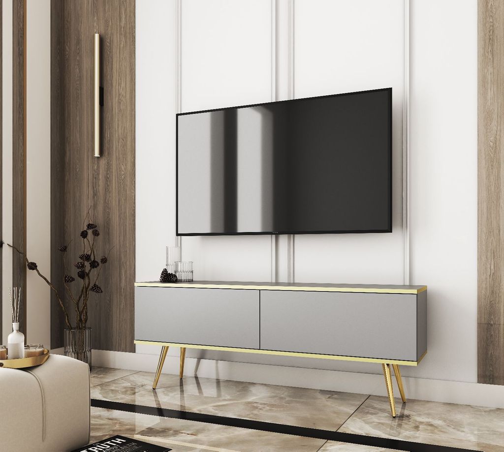 TV-Schrank ORO 135 Grau+ Gold mit Goldene Füße TV-Lowboard Fernsehtisch