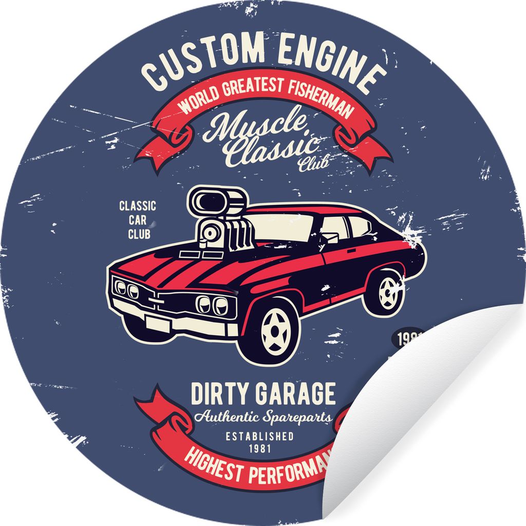 MuchoWow Runde Wandtattoo - Wandsticker Tapete Aufkleber Auto - Motorrad - Retro - Briefe Ø 50 cm Selbstklebend und Repositionierbar - Wandaufkl...