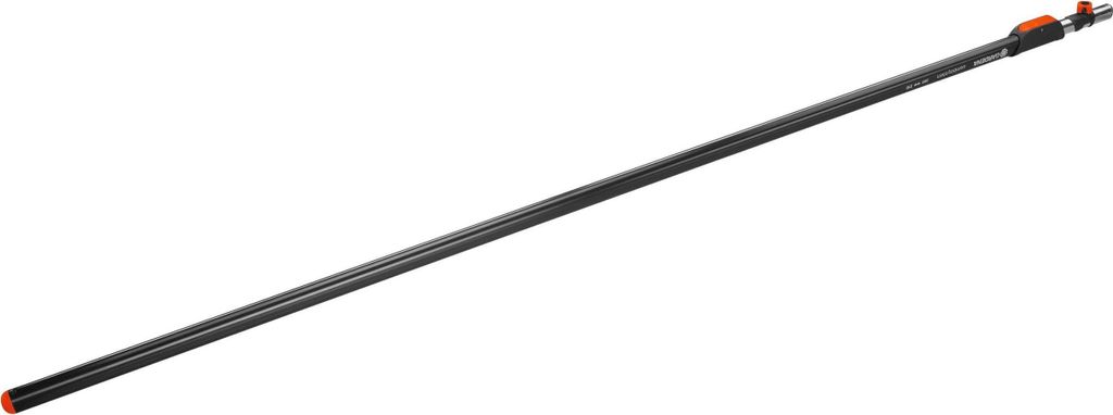 A long, black telescopic pole with orange accents at one end, set against a white background.