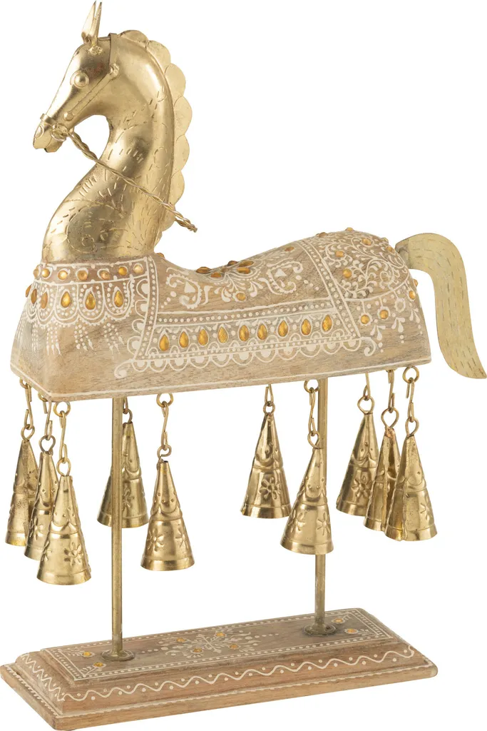 J-Line Cheval Sonnette en Bois de Manguier Fer Blanc et Naturel 23cm