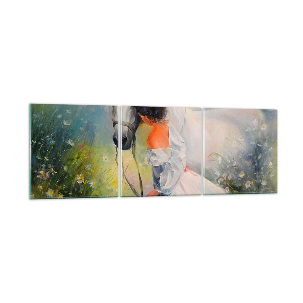 Bilder auf glas - Frau Wiese Pferd - 90x30cm - Glasbilder - Wandbilder - Kunstdruck - zum Aufhängen bereit - Wanddekoration aus Glas - Glas Bilder...