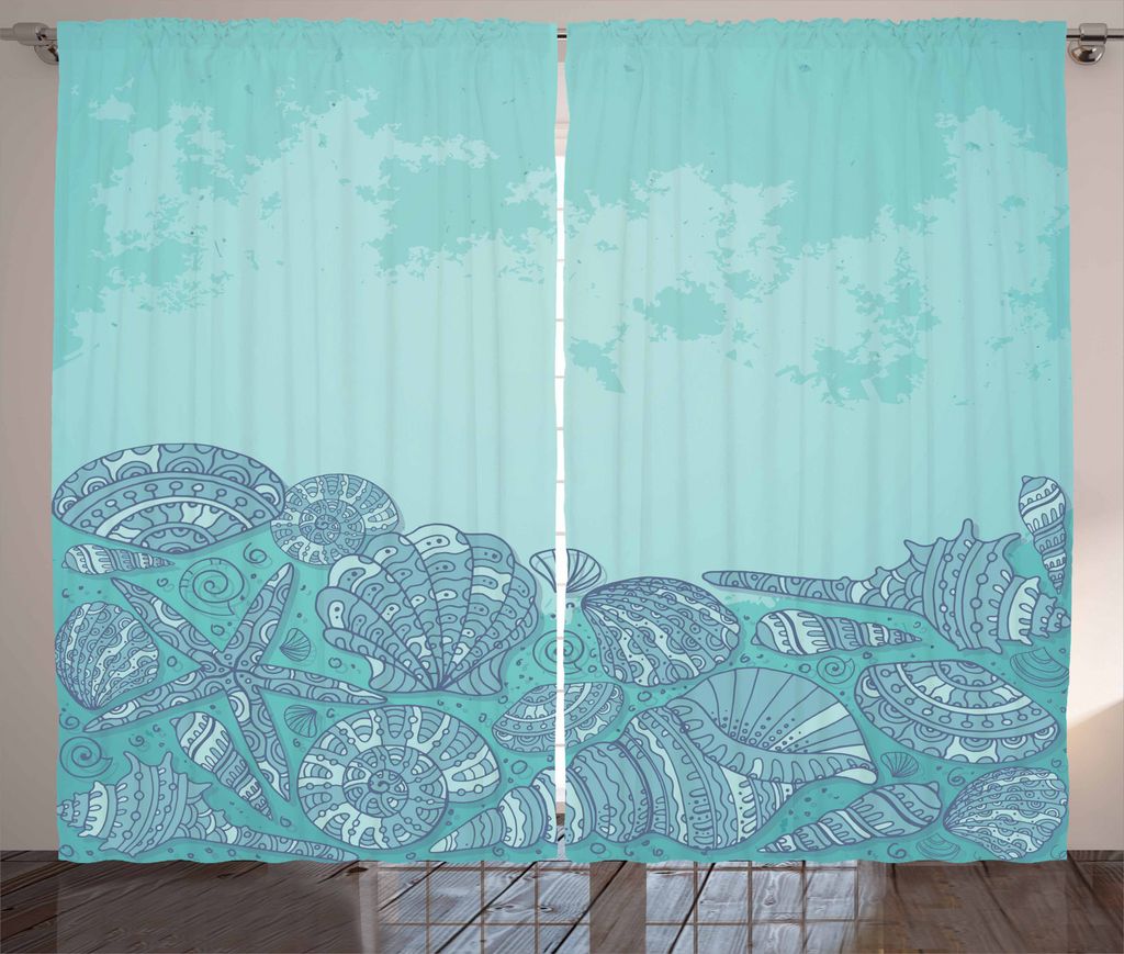 ABAKUHAUS Nautisch Rustikaler Gardine, Marine Shell Seahorse, Schlafzimmer Kräuselband Vorhang mit Schlaufen und Haken, 280 x 225 cm, Turquoise Teal
