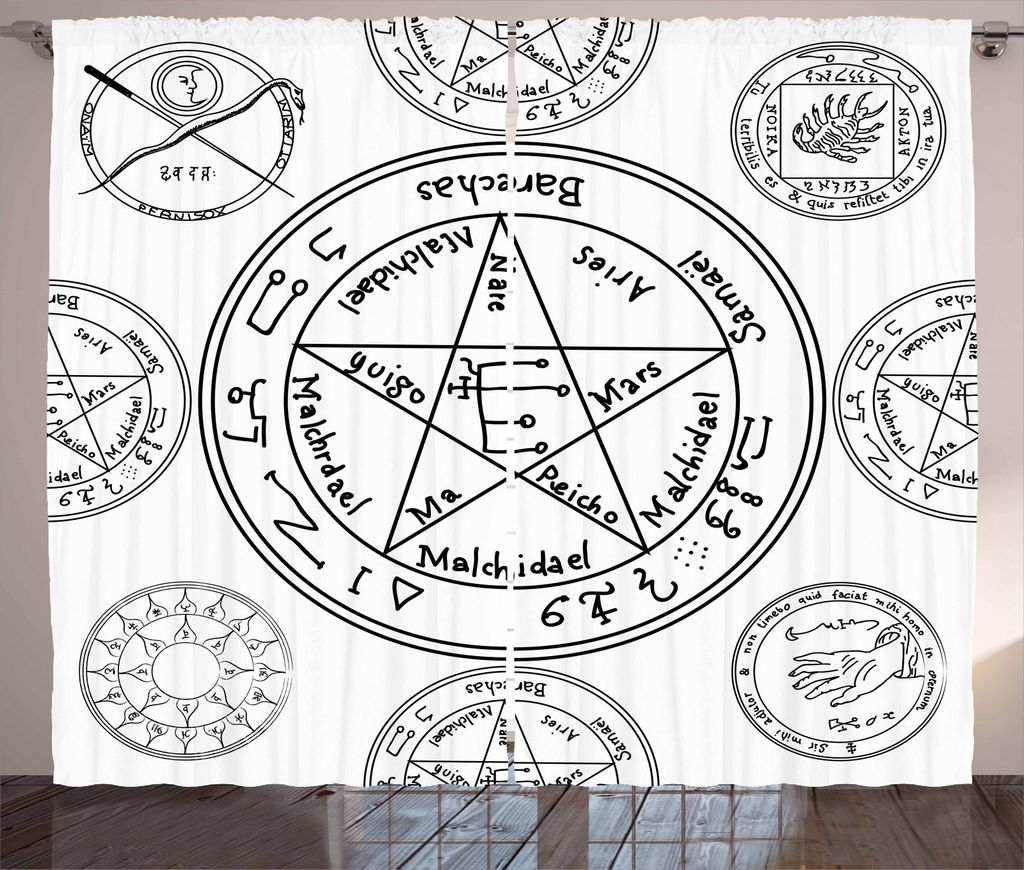 ABAKUHAUS Pentacle Rustikaler Vorhang, Ausbildungskonzept, Wohnzimmer Universalband Gardinen mit Schlaufen und Haken, 280 x 245 cm, Schwarz und weiß