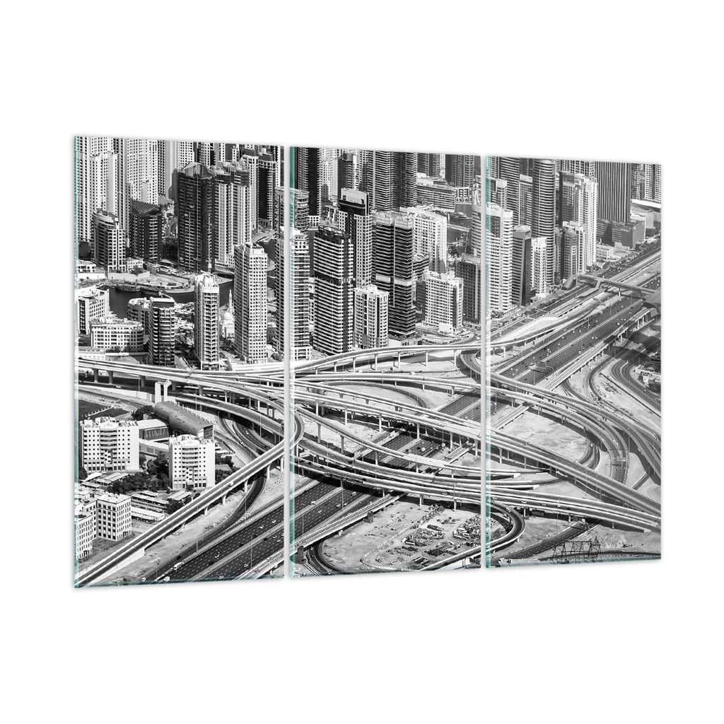 Bilder auf glas - 3 Teile - Stadt Wolkenkratzer Autobahn - 105x70cm - Glasbilder - Wandbilder - Bilder - Wanddekoration aus Glas - Glas Bilder - Wa...
