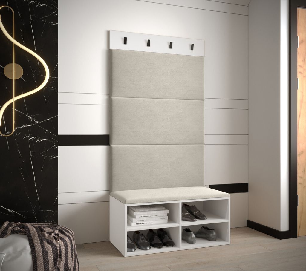 Schuhschrank mit gepolsterten Paneelen HARRISON – weiße, beige Paneele