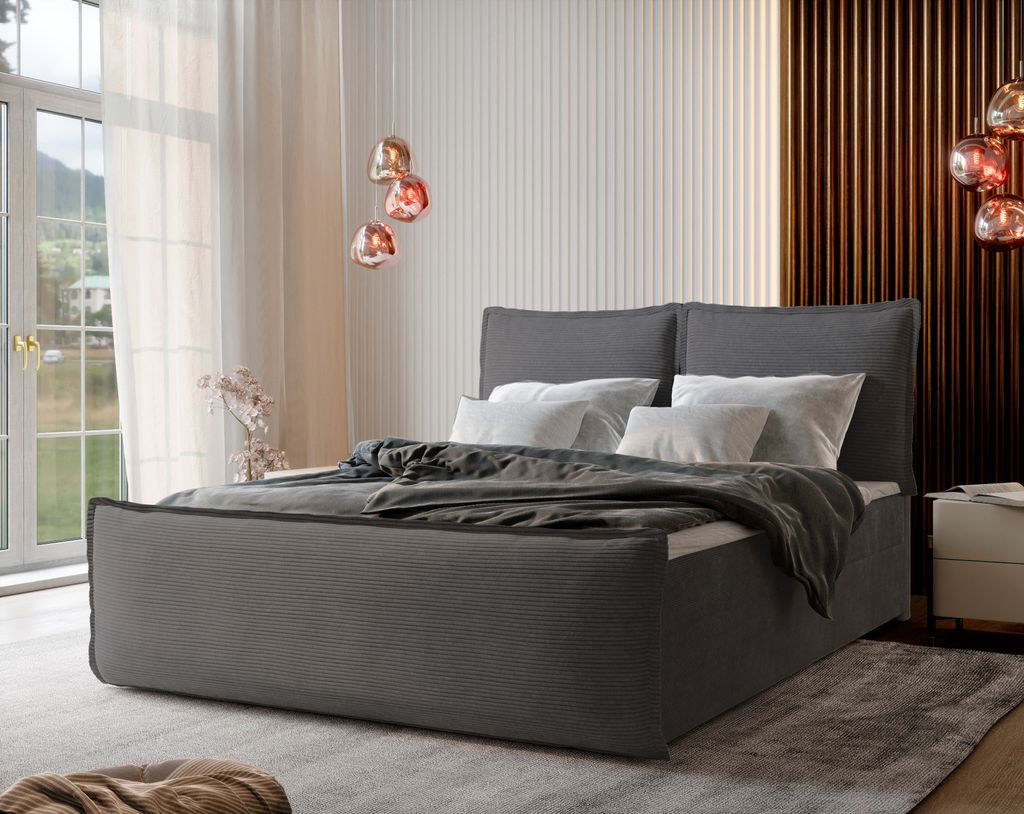 Masseno Boxspringbett MONTA 160x200 cm Komplett-Set mit Bonell Matratze und Topper, Polsterbett mit Bettkästen -Grau, LINCOLN 85