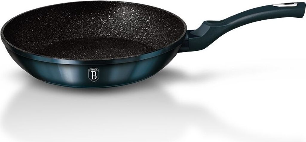 A dark blue frying pan with a speckled black interior and a dark blue handle is shown against a white background.