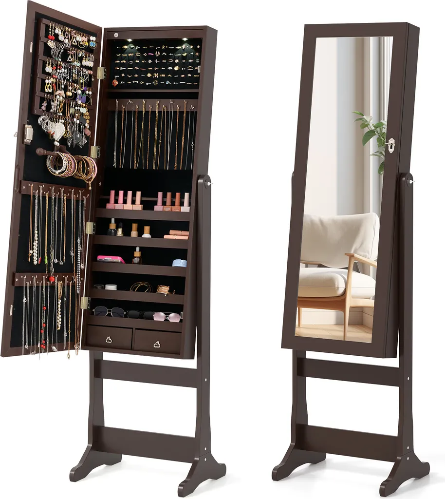 Regalo Ideale: Specchio Portagioie COSTWAY Marrone con LED e Chiave