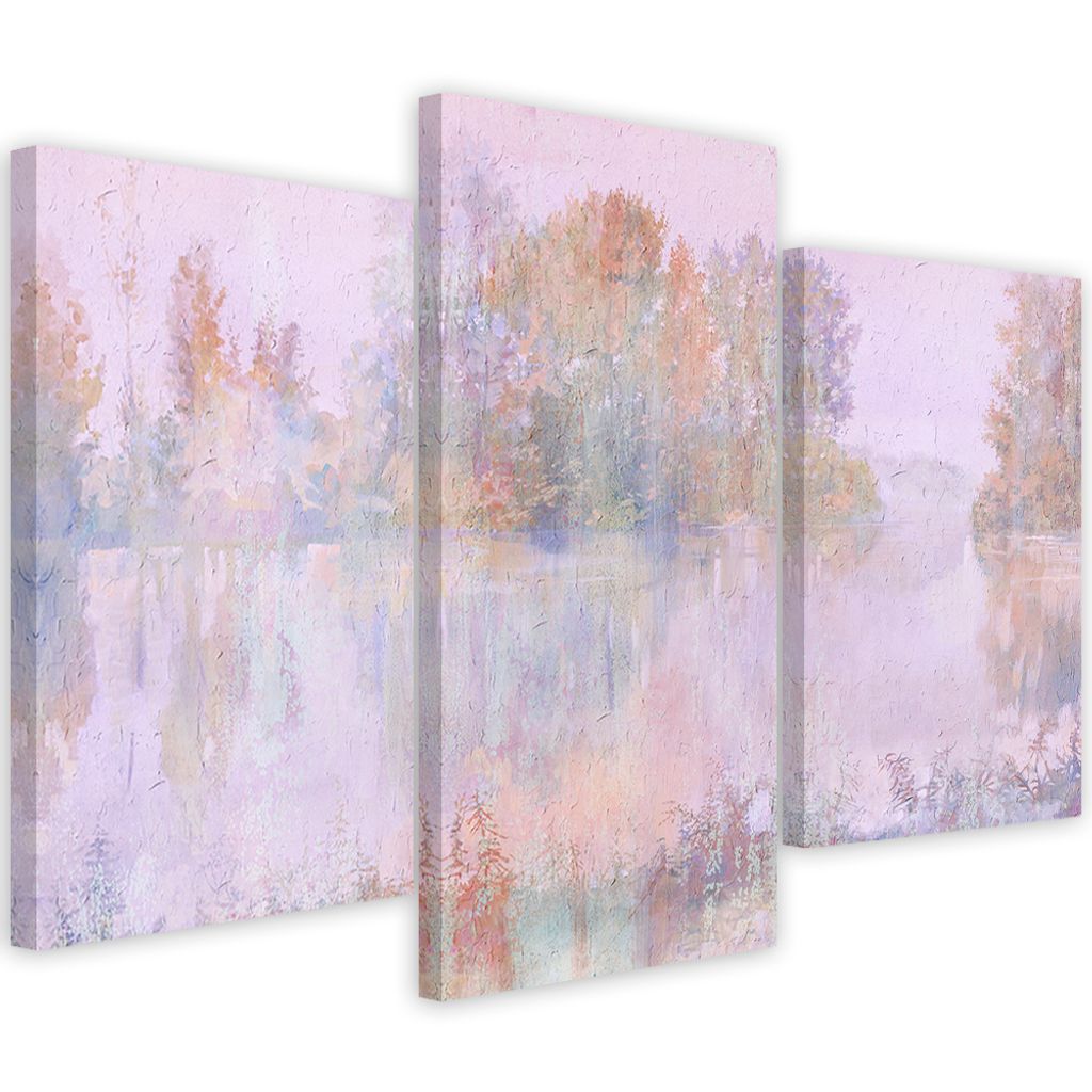 Triptychon auf leinwand blick auf den see 120x80 cm Feeby rosa wandbild bereit zum aufhängen