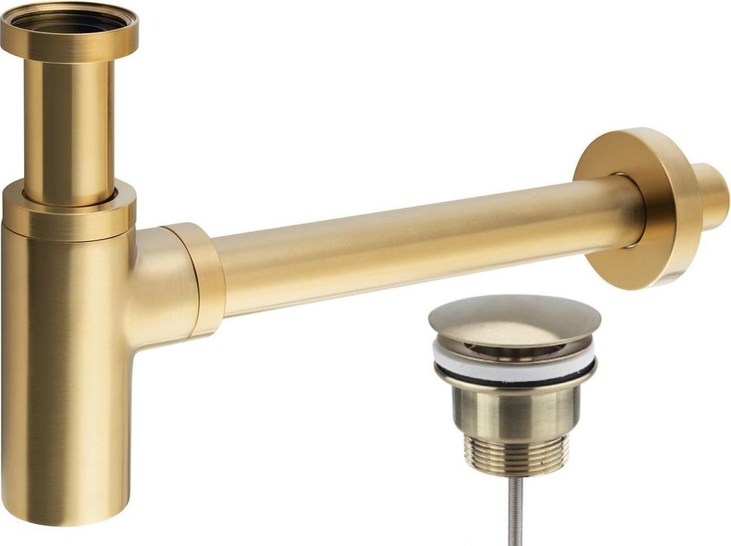 Waschtischsiphon 5/4", Abgang 32 Mm, Rund + Waschbeckenstöpsel 5/4'' Nicht Abschließbar, Pvd Gold Matt
