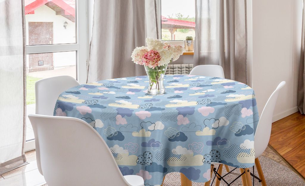 ABAKUHAUS Pastell Runde Tischdecke, Himmel-Wolken Gezeichnet Tupfen, Kreis Tischdecke Abdeckung für Esszimmer Küche Dekoration, 150 cm, Pale Azur...