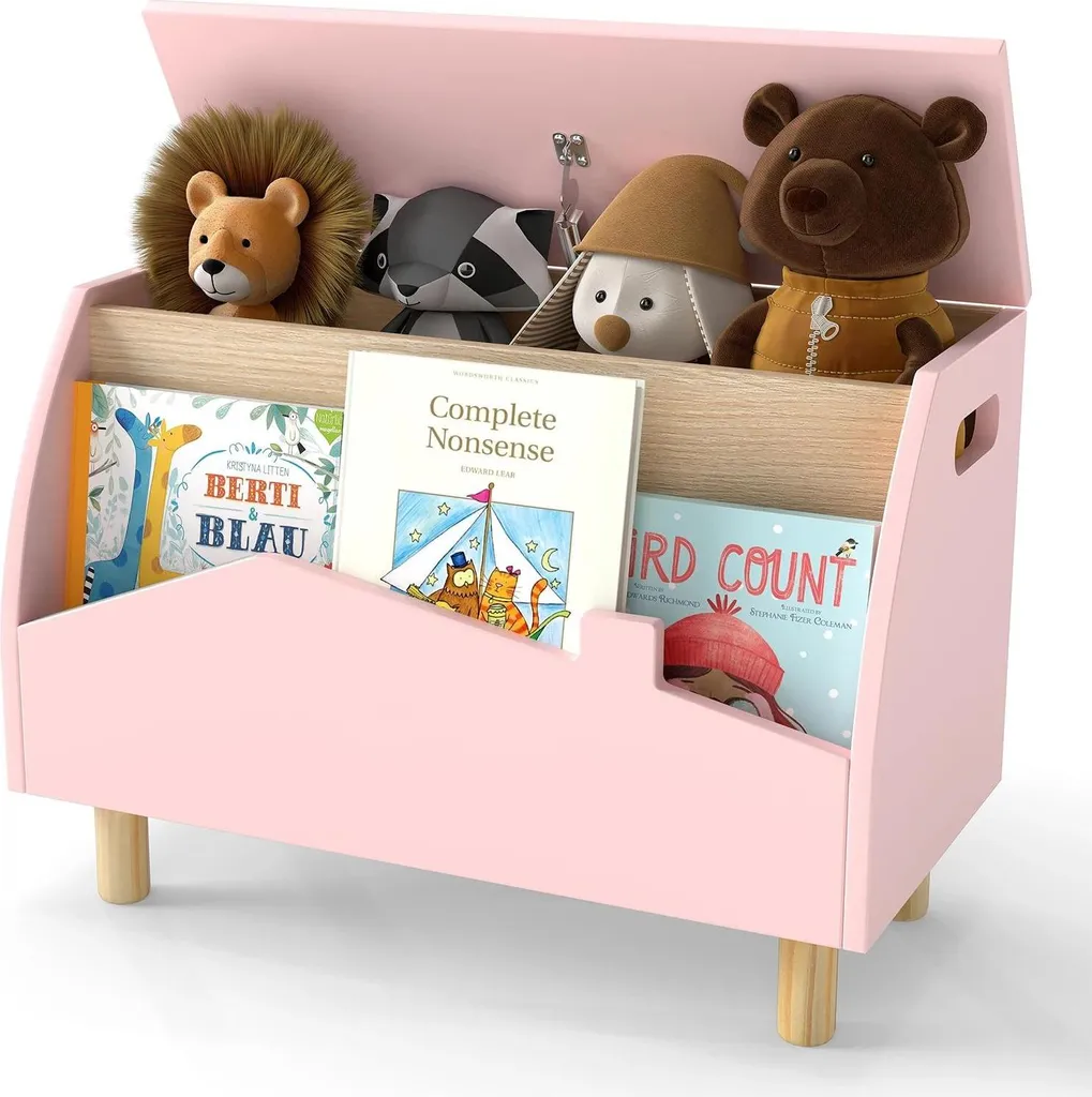 Meuble de rangement enfant coffre à jouets rose en bois avec niche