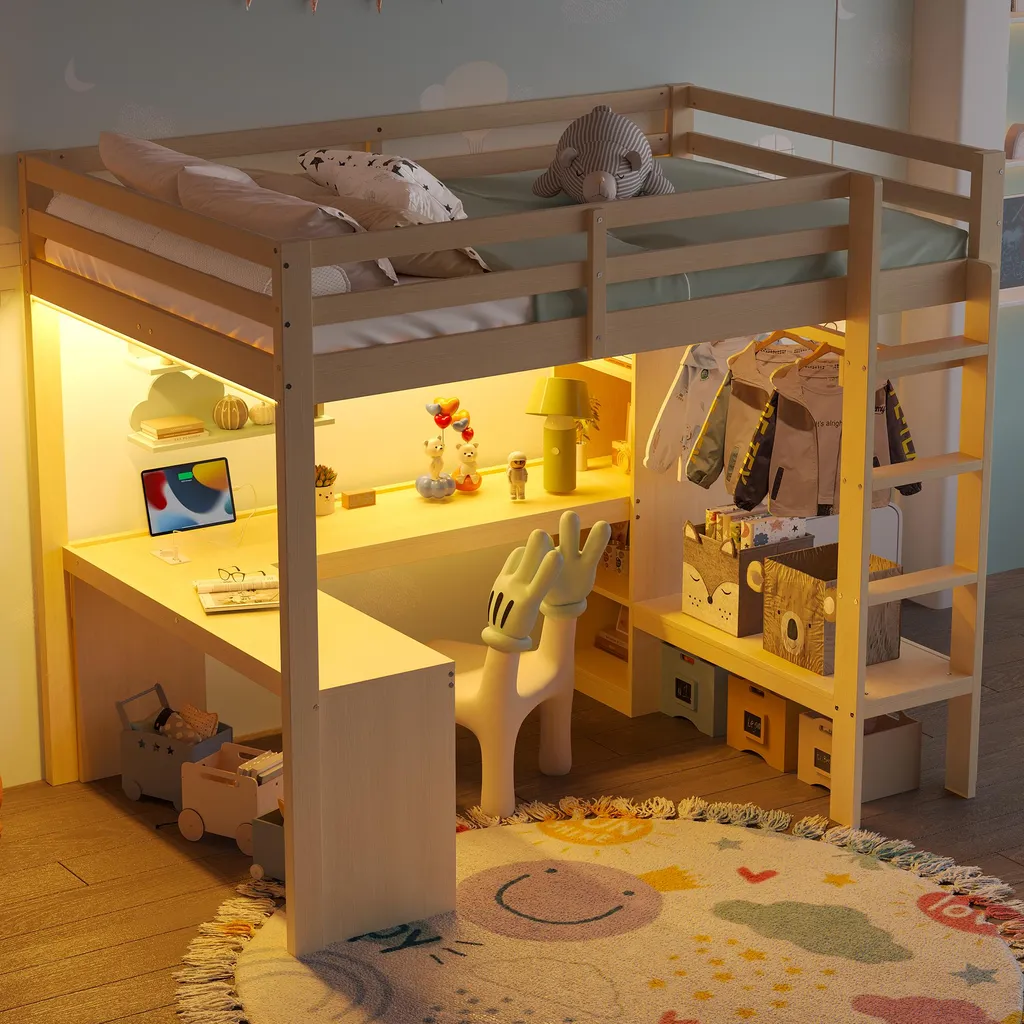 Gagnez de la place : Lit mezzanine 140x200 avec bureau et LED pour ado