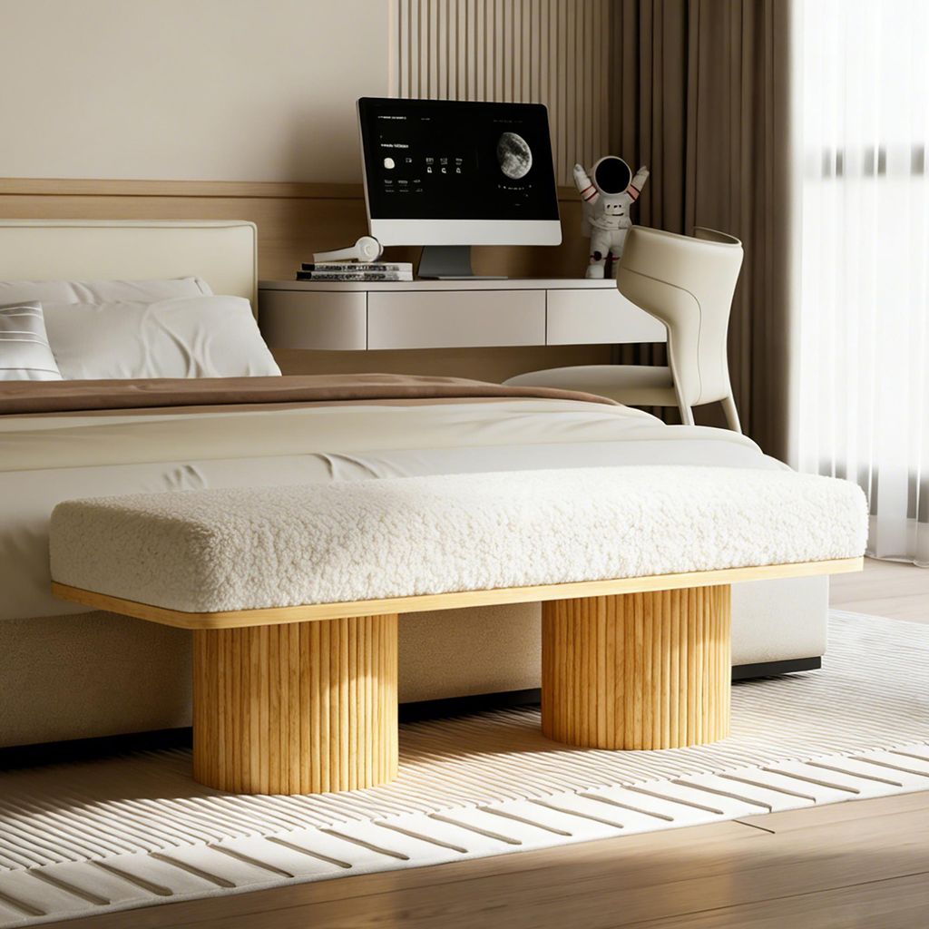 122 cm lange, moderne, flauschige Bank mit Massivholzgestell, mit Teddy-Fleece bezogene Ottomane für Schlafzimmer oder Flur, cremefarben