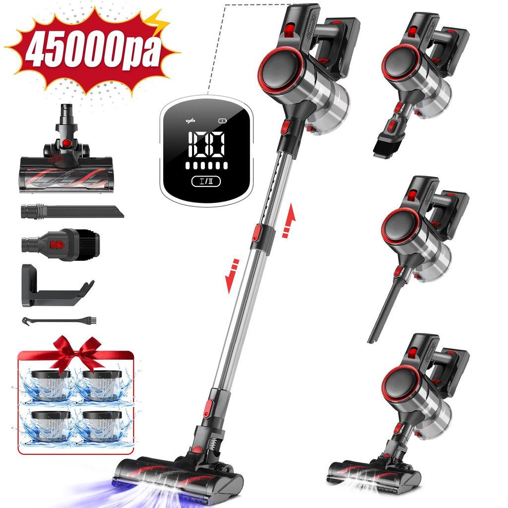 A collage of images showcasing a cordless vacuum cleaner and its accessories, with promotional text and feature highlights.