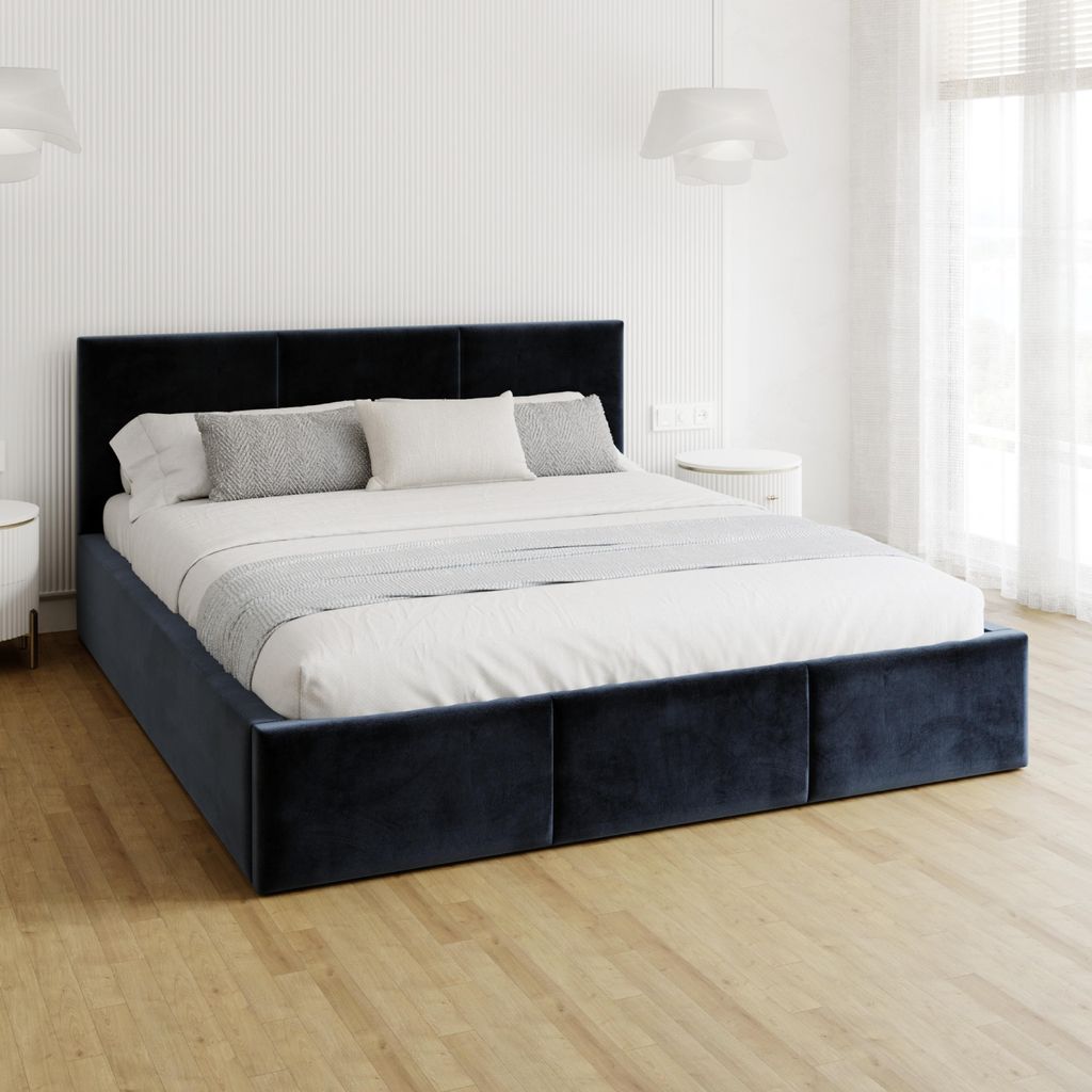 FDM Bett AMBER Paris 120x200 cm Polsterbett mit Lattenrost aus Metall Bettkasten Stauraumbett Samt deep blue