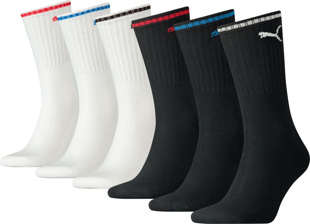 PUMA Uni Sport-Socken, 6er Pack - Sport Crew Stripe, ECOM, Tennis, Streifen Schwarz/Weiß 47-49