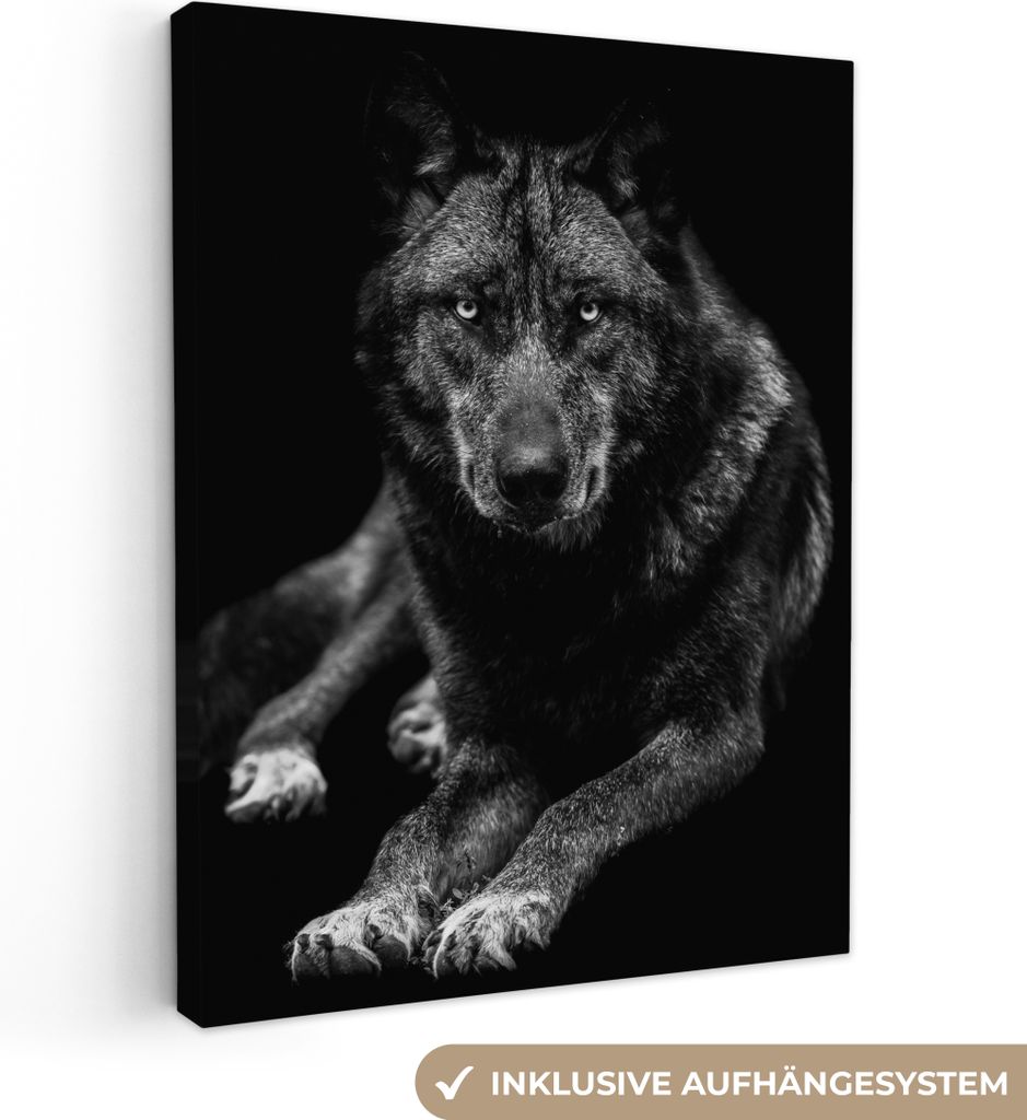 MuchoWow - Leinwandbilder - Tiere - Wolf - Schwarz - Weiß - Porträt, Wandbild, Wanddeko Bilder Wohnzimmer, 60x80 cm