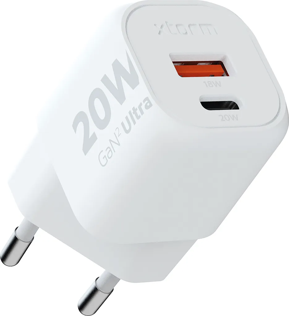 Xtorm 20W GaN2 Ultra Power Adapter, tecnologia GaN, USB-C e USB-A, Power Delivery, plastica riciclata GRS - Bianco