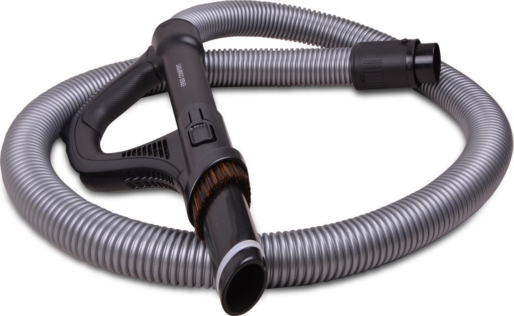 A vacuum cleaner hose and handle with a brush attachment, coiled on a white background.
