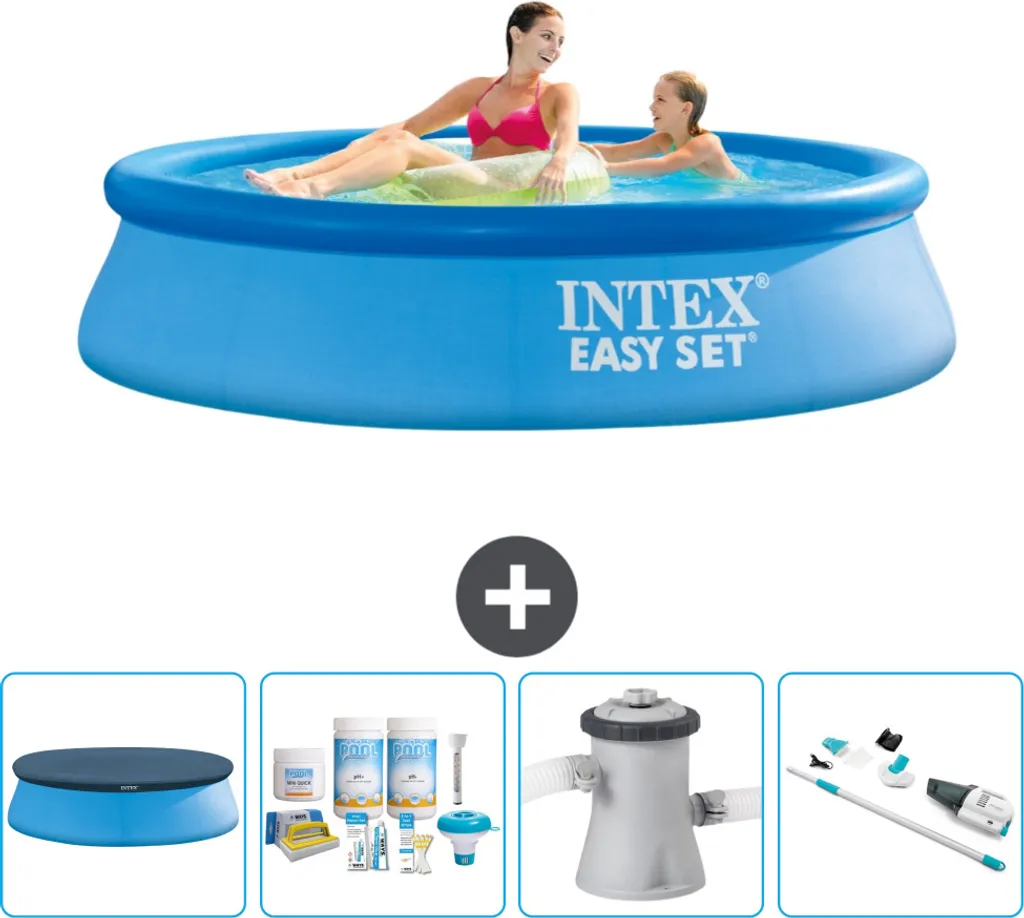 Piscina gonfiabile rotonda Intex Easy Set - 244 x 61 cm - blu - include copertura - pacchetto manutenzione - pompa filtro per piscina - hoover