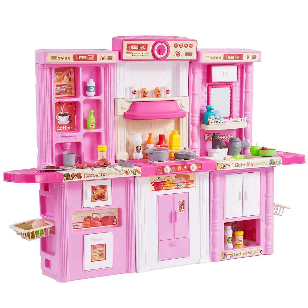 VEVOR Kinderküchen-Spielset, 3-in-1-Kleinkinderküche mit simuliertem Sprühnebel, Geräuschen und Lichtern, Spielküchenset mit 74-teiligem Kochz...