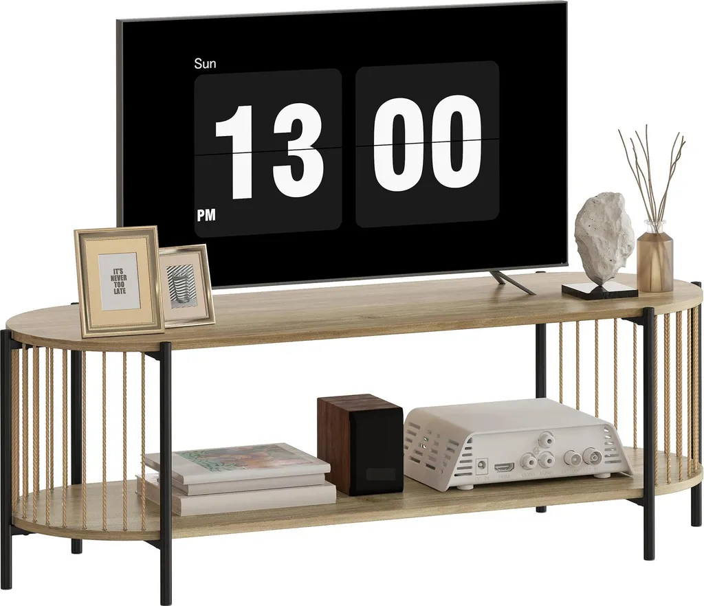 Meuble TV bois naturel et corde de papier 124 cm avec niches ouvertes