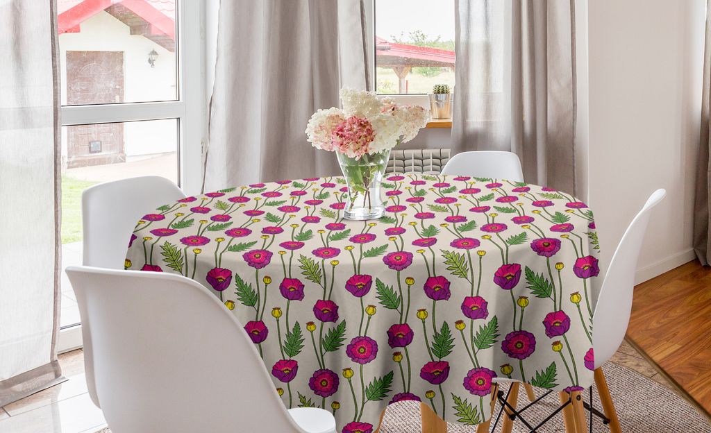 ABAKUHAUS rosa Blumen Runde Tischdecke, Vivid Poppy Petals Knospen, Kreis Tischdecke Abdeckung für Esszimmer Küche Dekoration, 150 cm, Pale Eggsh...