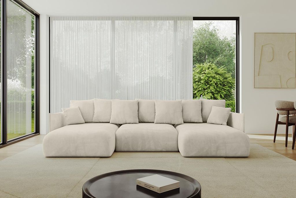 ALTDECOR Ecksofa in U-Form mit Schlaffunktion und Bettkasten ONESK-U 317x177x72 cm Beige - Corner Sofa Bett Eckcouch Couch U-Form Schlafcouch Auszi...