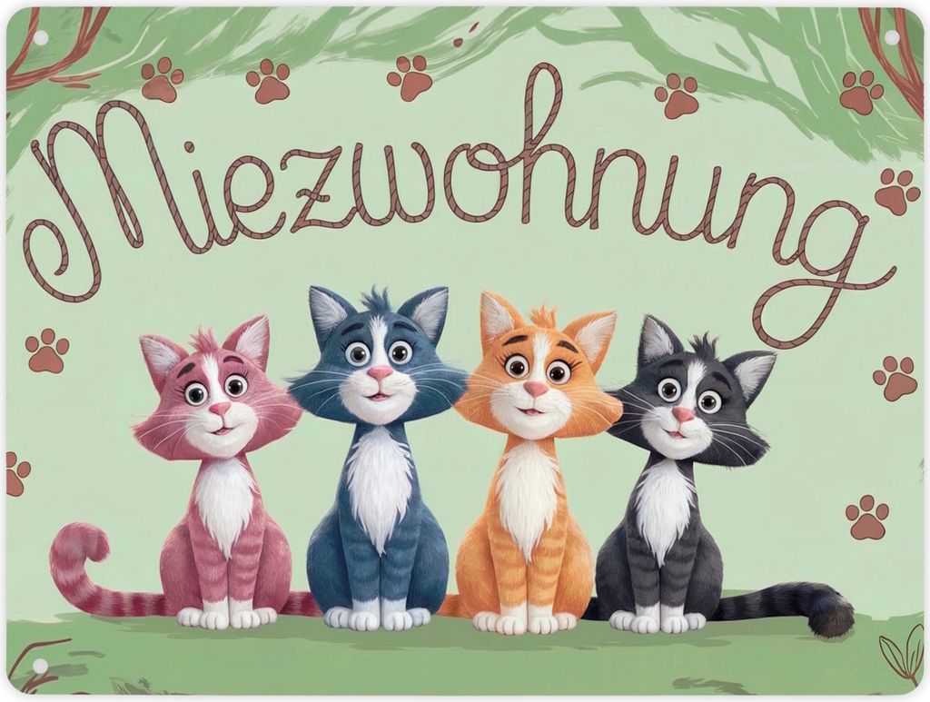 Vier farbige Katzen - Miezwohnung Metallschild XL in 21x28 cm