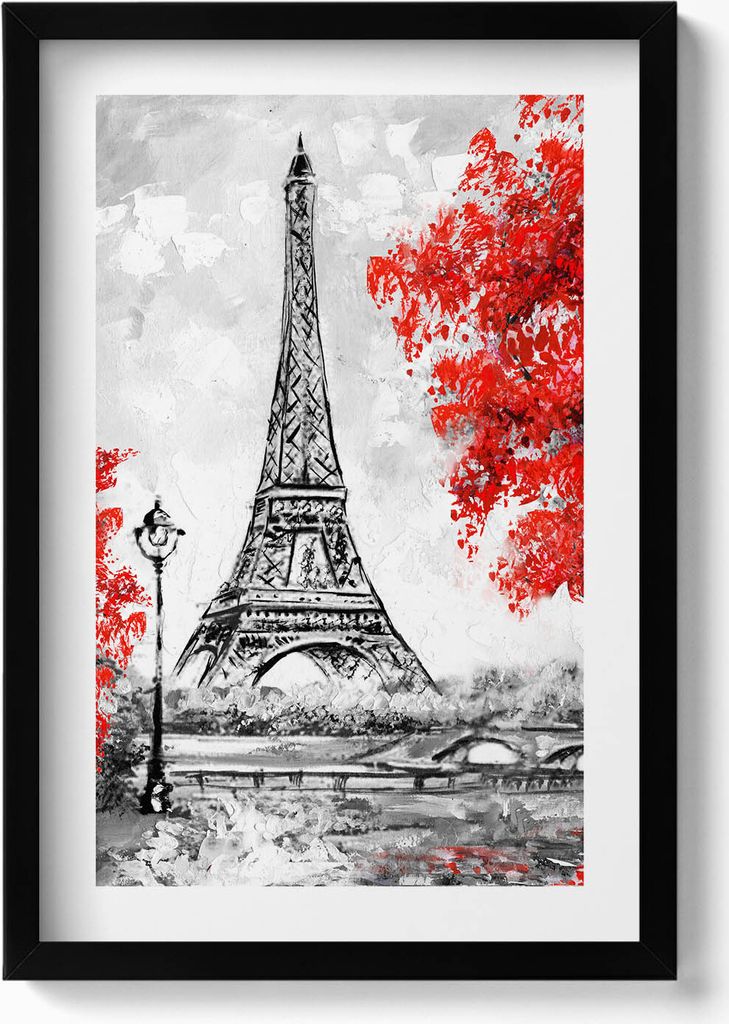 Gemälde mit dem Eiffelturm und roten Bäumen– Wandbild mit Rahmen – Gerahmtes Bild – Wanddekoration – 40x60 cm – Schwarz