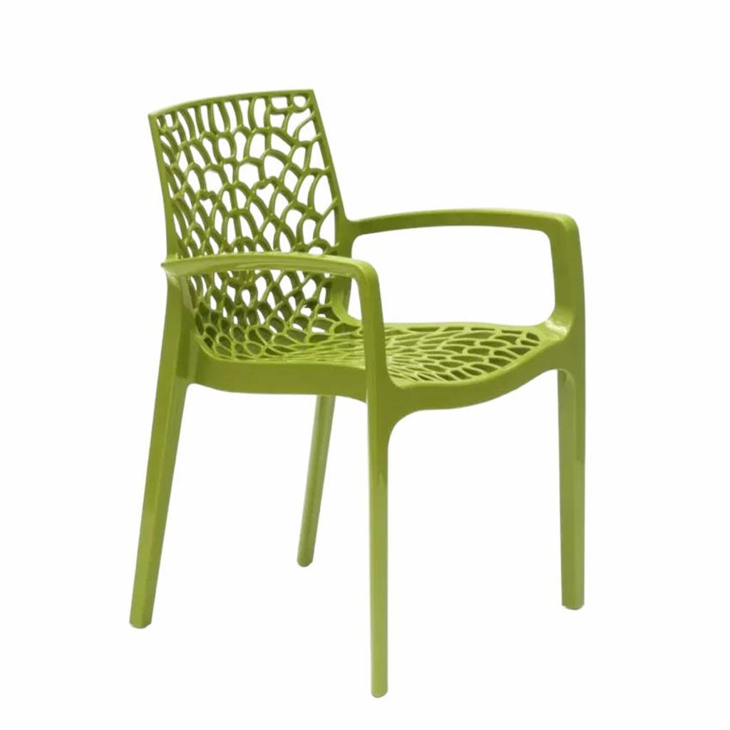 A single green chair with an intricate, web-like design on the back and seat, shown against a white background.