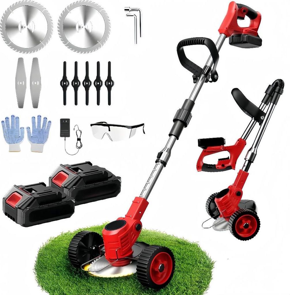 A collection of cordless grass trimmers and accessories laid out on a white and green background.
