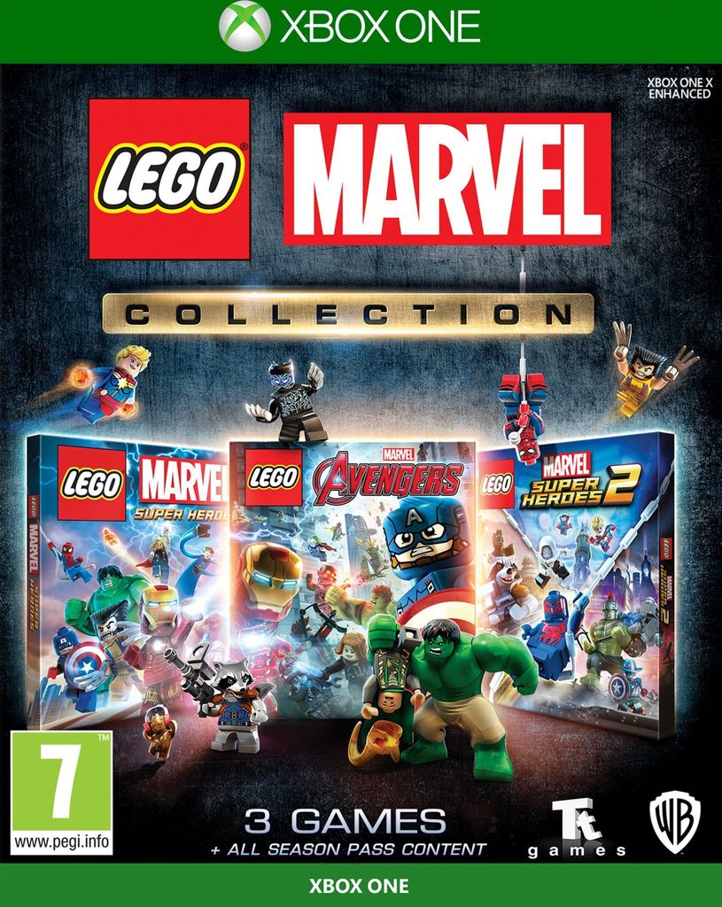 A collage of game covers and Lego figures for the LEGO Marvel Collection on Xbox One.